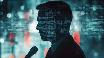 Double Exposure Effect about Law and Justice. Male Speaker Silhouette with Digital Code Overlay, Night City Lights Background