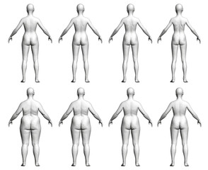 A series of different women's figures, each one with a different body type. The figures are all standing in a row. From slim to overweight. 3D. Back view