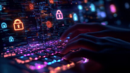 hands typing on an electronic keyboard with icons representing security and cyber protection