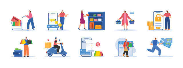 Fototapeta premium Shopping set illustrations. Flat vector illustrations concept.