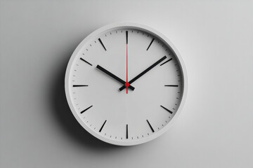 Clock with red hands on wall, showing 10:15. Classic design, white background. Clean and minimalist setting.