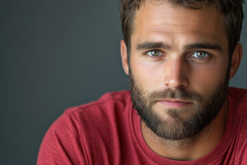 Obraz premium Man with beard and red shirt playing guitar on a beach at sunset, with waves crashing in the background.