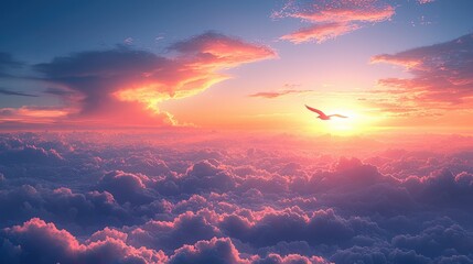 Serene Sunrise Over Cloudy Horizon with Gentle Bird Flying in Colorful Sky