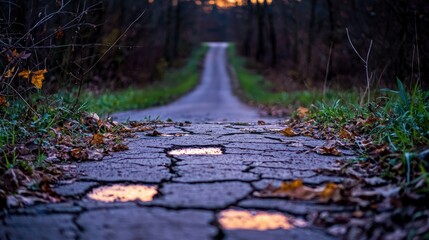 Crackled Asphalt Road  Nature s Reclaim  Autumn Leaves  Forest Path  Scenic Route