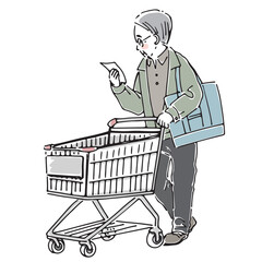 ショッピングカートで買い物をする高齢男性