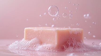 Fototapeta premium Fresh Soap Bar Surrounded by Bubbles on Soft Pink Background