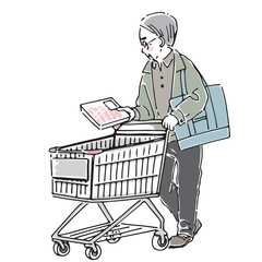 ショッピングカートで買い物をする高齢男性
