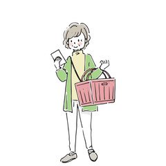 レジカゴを持って買い物をする高齢女性