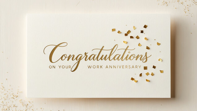 A work anniversary greeting card with featuring a creamy pastel background with a cursive message Congratulations on your work anniversary! 