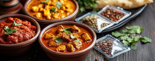 Fototapeta premium Traditional Indian Cuisine with Colorful Curries, Fresh Ingredients, and Spices Served in Bowls on a Rustic Wooden Table for Food Lovers