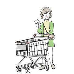 ショッピングカートで買い物をする高齢女性