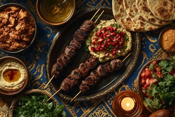 A stunning middle eastern banquet featuring charred lamb kebabs and colorful pomegranate salad