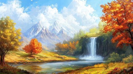 Fototapeta premium Autumnal Waterfall Paradise: A Serene Mountain Landscape