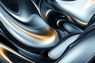 Obraz premium Abstract digital art with flowing shapes in black, white, cyan, and gold highlights with drama