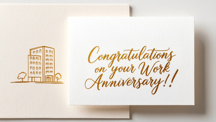 A work anniversary greeting card with featuring a creamy pastel background with a cursive message Congratulations on your work anniversary! and a office building placed on office desk on the left