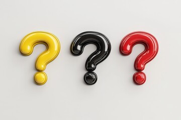 Artfully designed question mark speech bubbles in black, yellow, and red on a white background