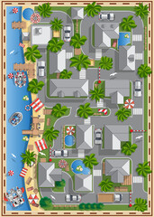 City on the sea coast. Relaxation on the water. View from above. Vector illustration.
