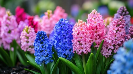 Fototapeta premium Vibrant Multi-Colored Hyacinths in Blooming Flower Bed