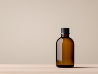 Fototapeta premium Elegant amber bottle on wood table with soft beige background, perfect for branding.