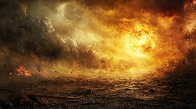 Apocalyptic Inferno: A fiery celestial event consumes a desolate landscape, painting a scene of utter destruction and chaos.