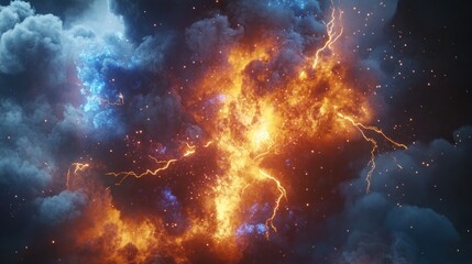 Obraz premium Dramatic stormscape with intense lightning and celestial fiery blue accents
