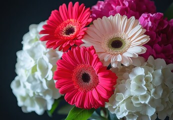 Fototapeta premium Vibrant Arrangement of Gerbera Daisies and Hydrangeas in a Beautiful Floral Bouquet on a Dark Background