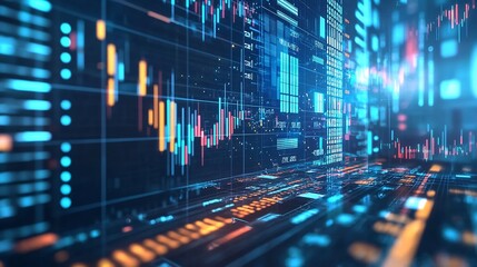 Obraz premium Advanced financial technology FinTech system AI powered market strategy charts corporate growth analytics and futuristic economic trend prediction in a cyber environment