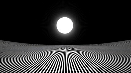 Naklejka premium Abstract black and white landscape with striped pattern and bright sun in a dark sky