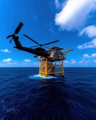 Helicopter approaching an offshore oil platform in a bright blue ocean setting.