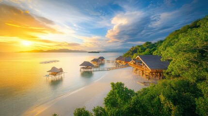 Fototapeta premium Serene Tropical Beach at Sunset with Overwater Bungalows