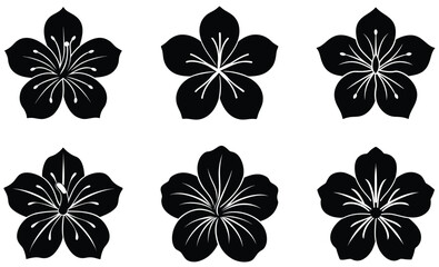 Black and white floral silhouette designs featuring six unique flower patterns, perfect for decorative artwork, wallpaper, or textile projects.