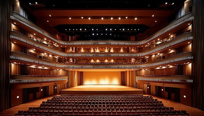A grand theater auditorium with several balcony seating levels