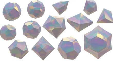 Various geometric shapes with iridescent surfaces on display 