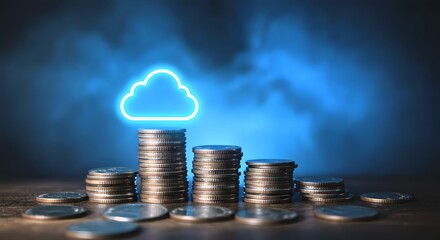cost management and budgeting in cloud computing, Stacks of coins with a cloud icon symbolize cloud financial planning,