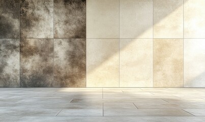 Empty room with tiled walls and floor, sunlight