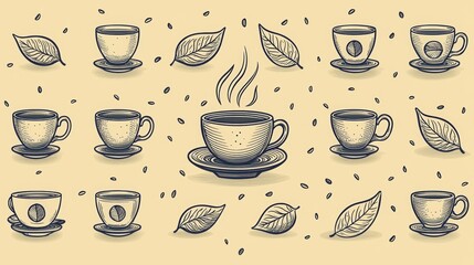 Hand-drawn coffee and tea cups with leaves and beans in vintage style illustration background