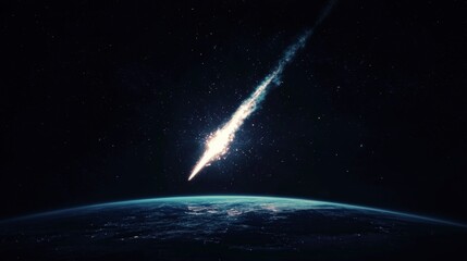 Obraz premium Luminous Meteorite Falling Towards Earth Night Sky Space Cosmic Event