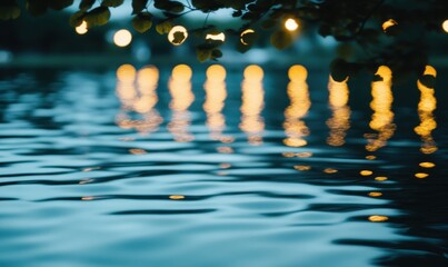 Evening lake scene with lights reflected in rippling water under tree leaves