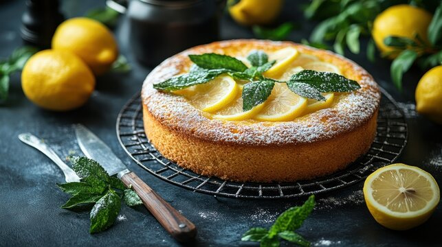 Fresh lemon cake on wire rack