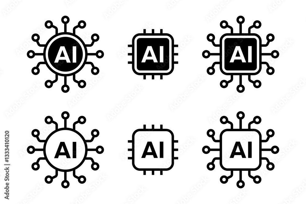Wall mural artificial intelligence ai processor chip black line icon set. ai processor circuit symbol logo. min