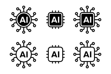 Artificial intelligence AI processor chip black line icon set. AI Processor circuit symbol logo. Mini AI CPU icon collection. Vector Illustration.