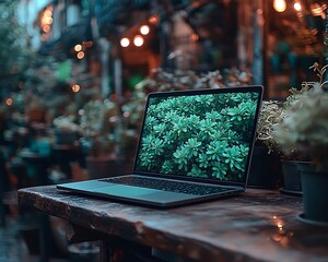 A laptop computer sits on a wooden table outside among plants