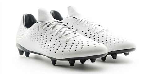 White soccer boots with black studs standing on white background