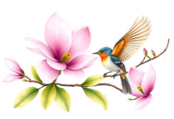 Fototapeta premium A Vivid Painting of a Bird Perched on a Magnolia Branch, Wings Spread in Flight, Soft Pink Petals, Delicate Green Leaves, White Background, Detailed Artwork, Springtime Bloom