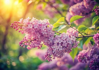 Vintage Minimalist Spring Lilac Tree Blooming in Garden