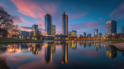 Cityscape at Sunset: Stunning Reflection of Modern Architecture over Calm Waters