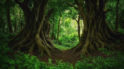 Lush green forest with towering trees and intertwining roots, creating an enchanted and serene atmosphere, ideal for fantasy backgrounds and animated scenes. 