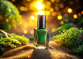Vintage Nail Polish Bottle & Collector's Box, Earthy Tones, Sunlight Glow, Gradient Background