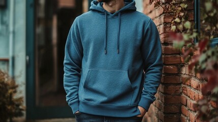 Man in teal hoodie standing near brick wall.