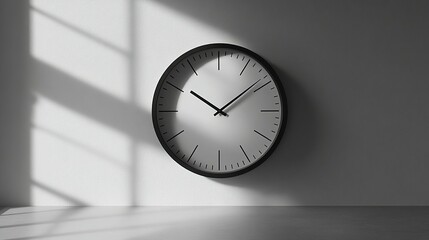 Minimalist black wall clock showing time in a bright room with sunlight.